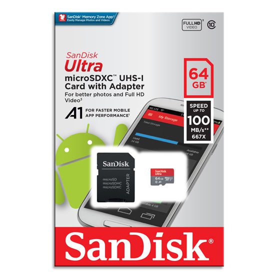 Card de memorie MicroSD, 64 GB, SanDisk ULTRA clasa 10 - iDrones.Ro