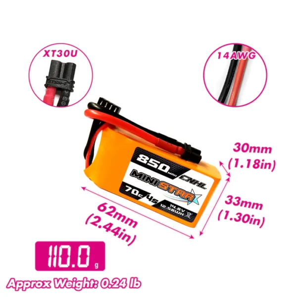 Baterie CNHL MiniStar 850mAh 14.8V 4S 70C Lipo XT30U - iDrones.Ro