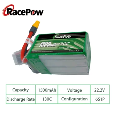 Lipo Battery with XT60 Connector 6S 1500mAh 22.2V 130C RacePow